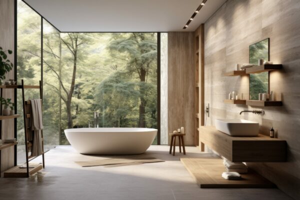 a bathroom with a white and wood bathroom.