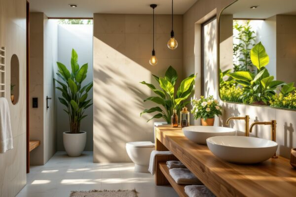 elegant minimalist bathroom with wooden countertop, indoor greenery, warm sunlight illuminating tranquil serene space, Generative AI